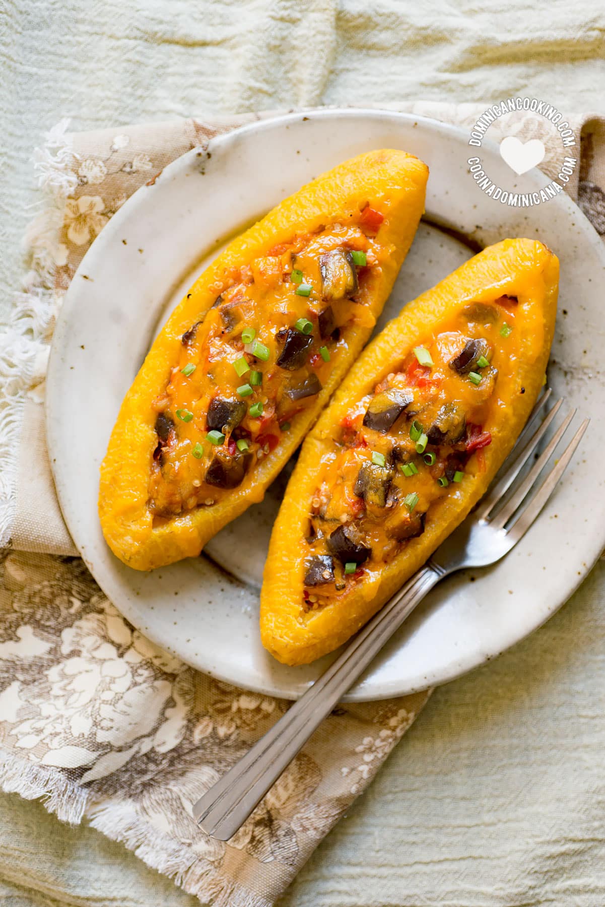 Ripe plantain boats (canoas) with eggplants.