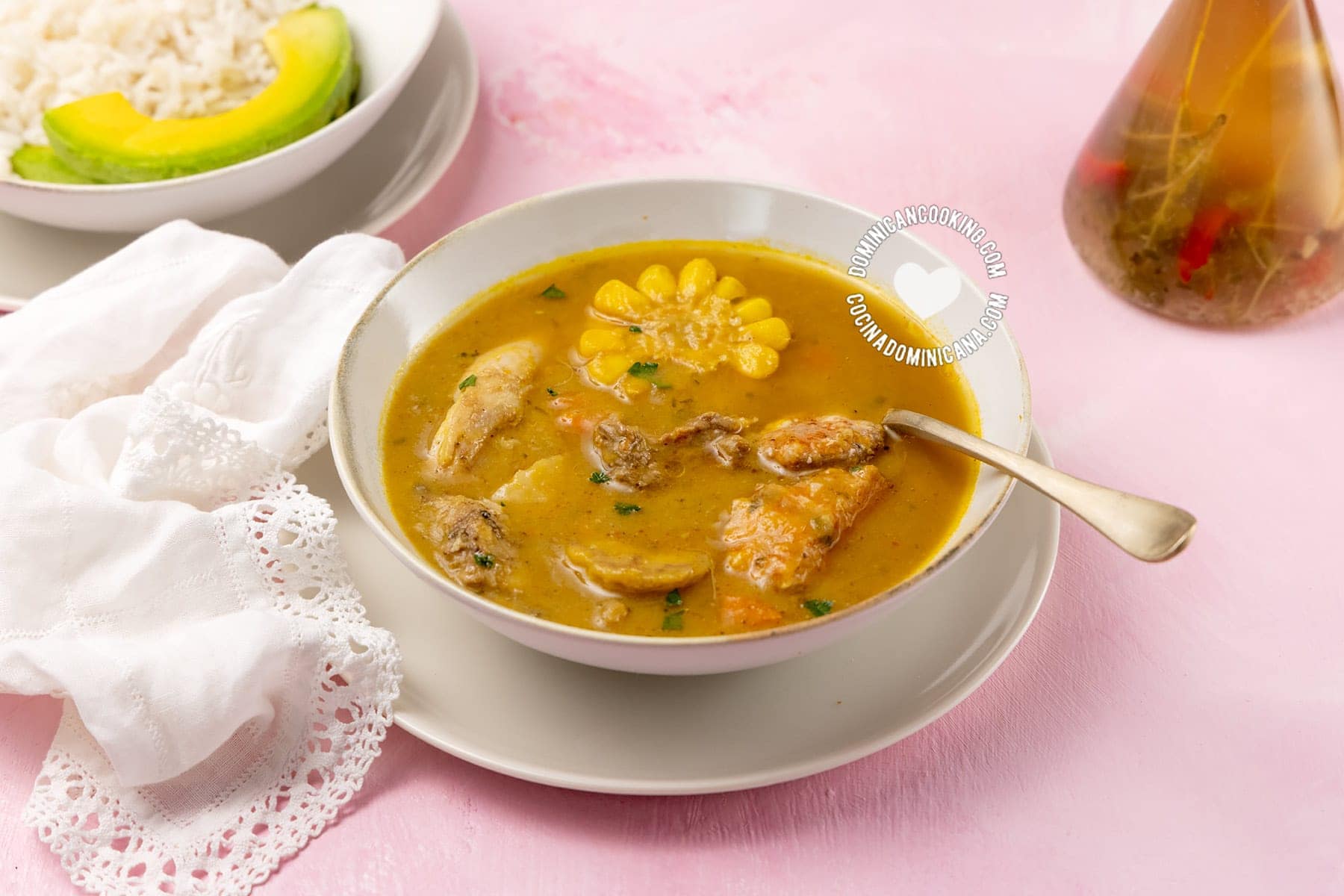 Sancocho dominicano and avocado.