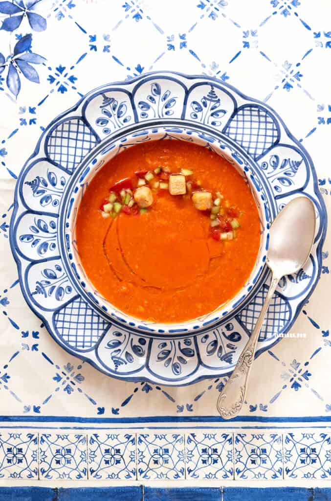 Chunky tomato and cucumber gazpacho.