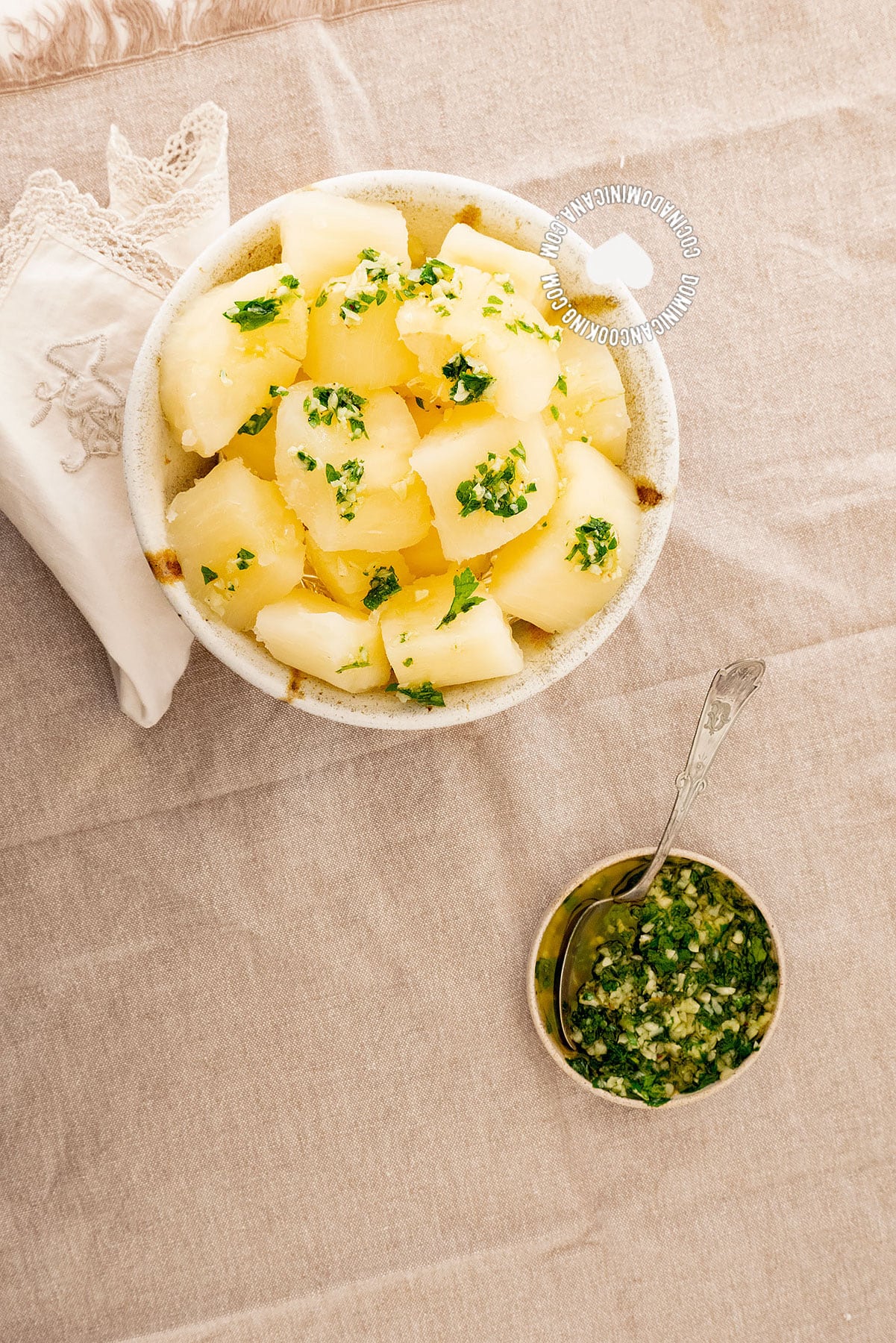 Yuca and mojo de ajo sauce.