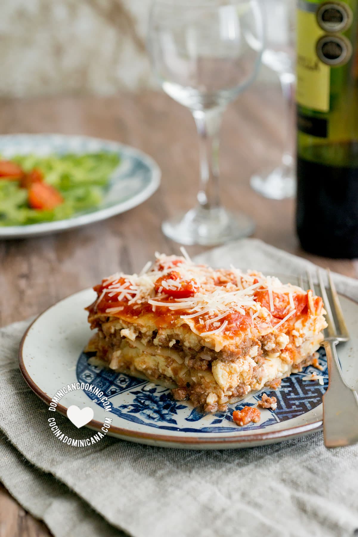 Plate of 3 cheeses and beef lasagna.