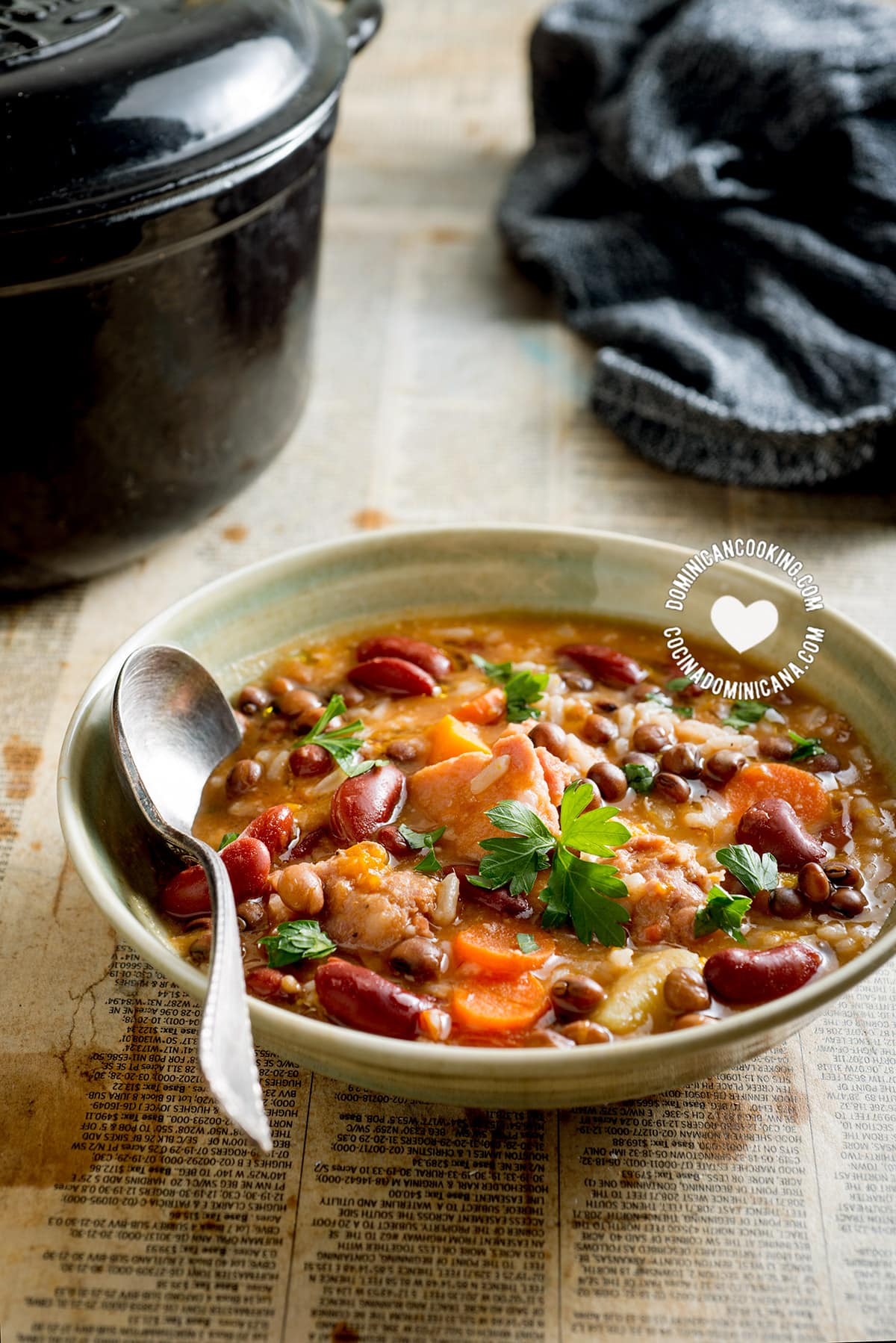 Chapea: Dominican legumes, rice, and meat stew.