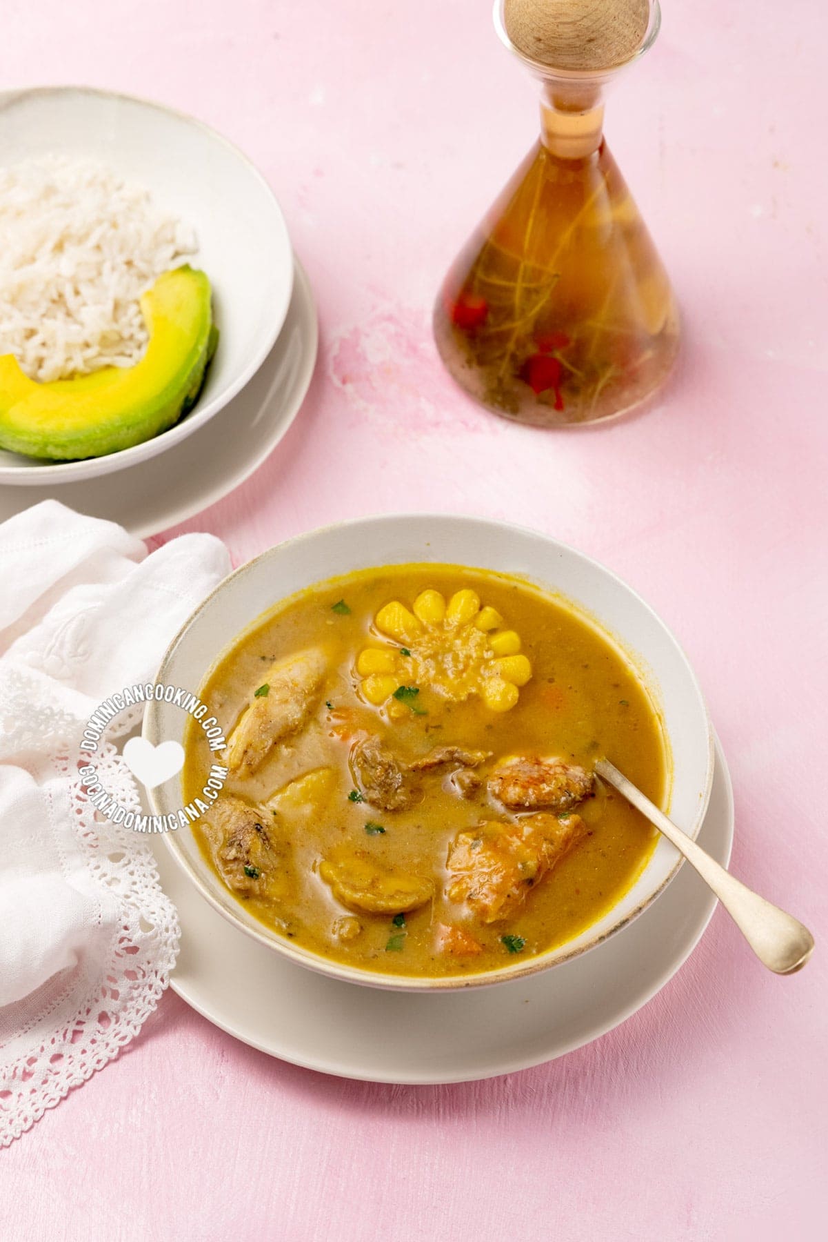 Sancocho dominicano and agrio de naranja.